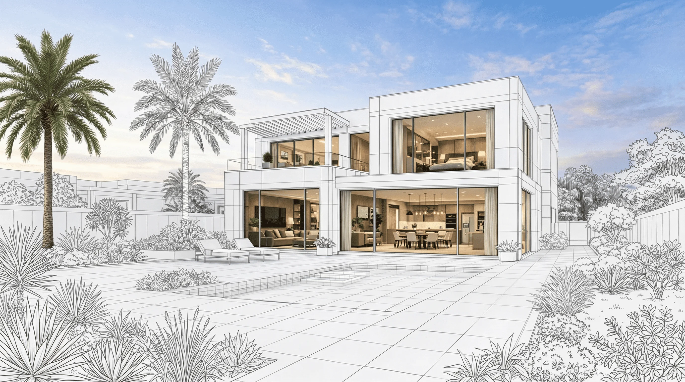 Modern villa showcasing luxury home renovations, interior design, and fit-out work, featuring large glass windows, open-plan living and dining areas, stylish furnishings, and a landscaped outdoor space with a pool.
