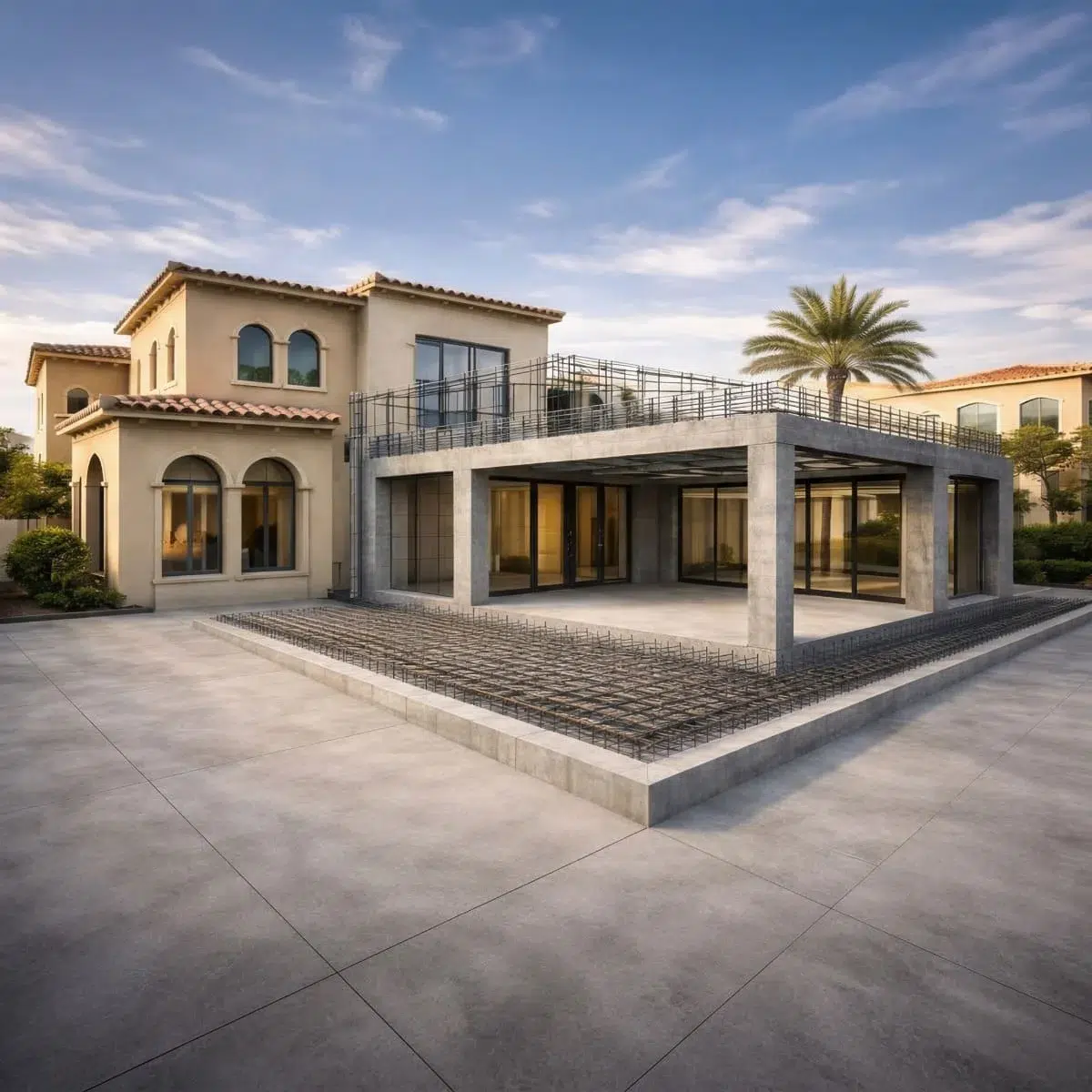 Residential villa featuring a modern home extension by Koona Home, with a newly constructed concrete structure, large glass doors, and expanded outdoor living space under development.